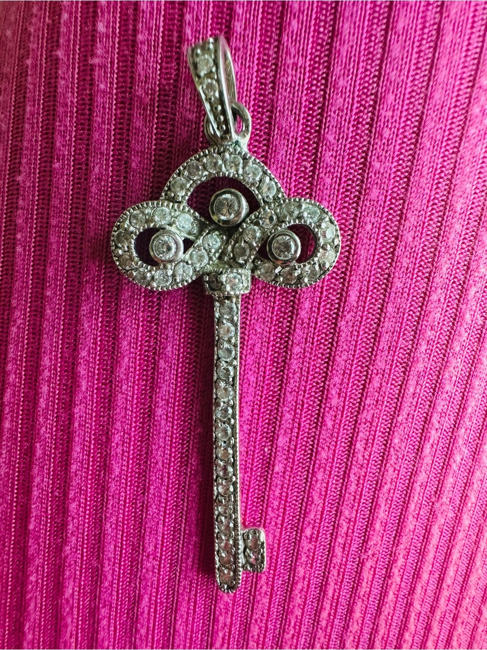 Pave Key Pendant Necklace - Sterling Simver 925 Tone with CZStones